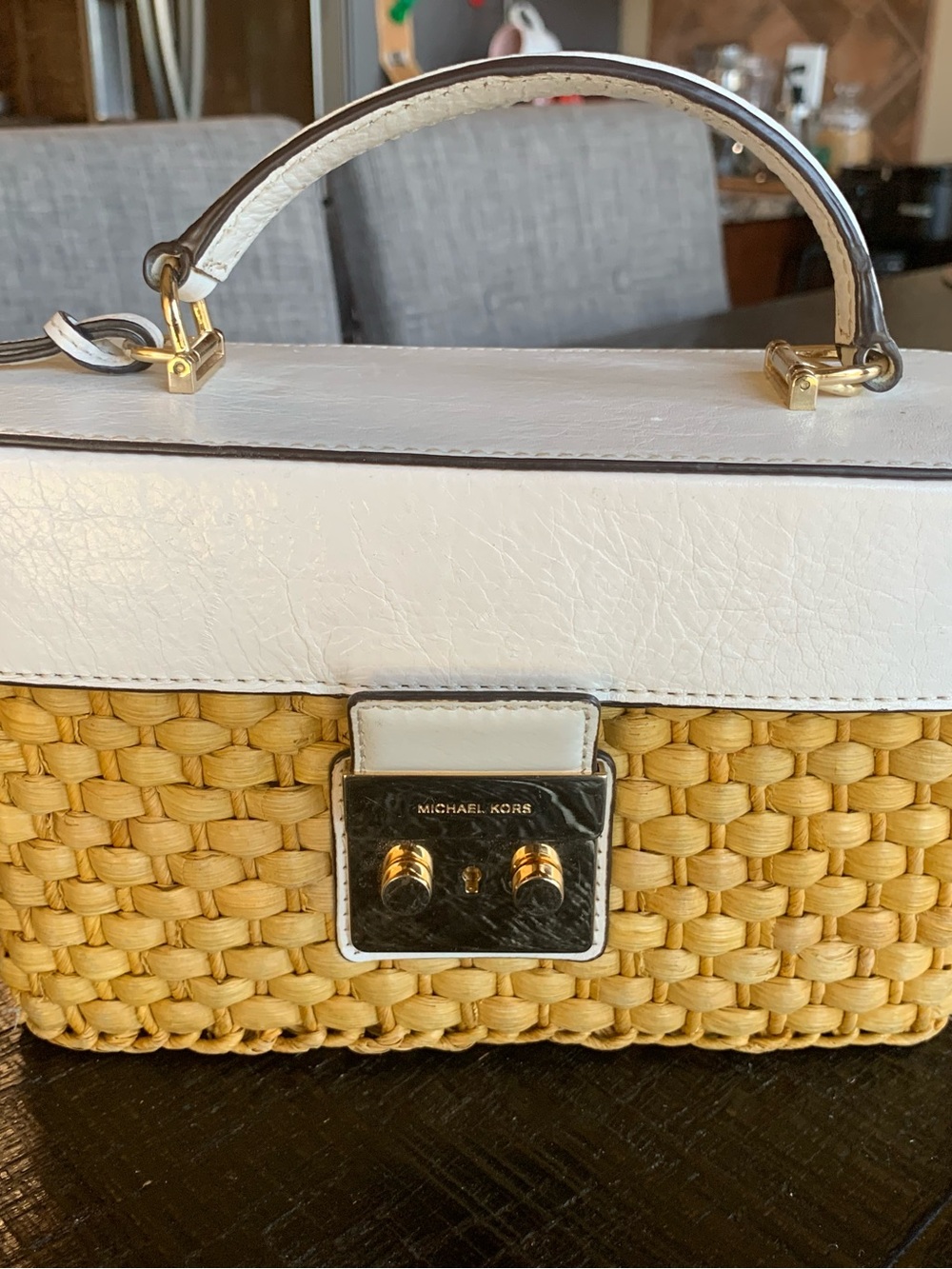 Michael Kors White Leather & Natural Woven Mini Top-Handle Bag